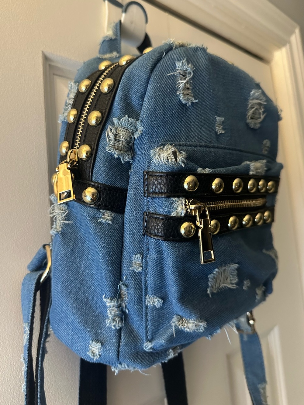 Nordstrom Distressed Denim Mini Backpack with Gold Studs